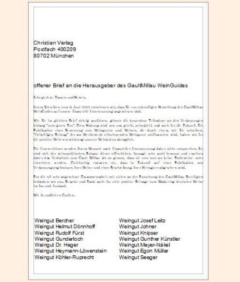 Offener Brief einiger Spitzenwinzer an den Christian Verlag